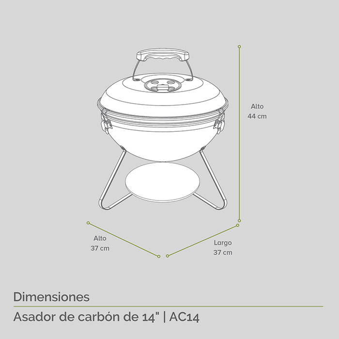 Diagrama de asador portátil: alto 44cm, largo 37cm, alto 37cm.