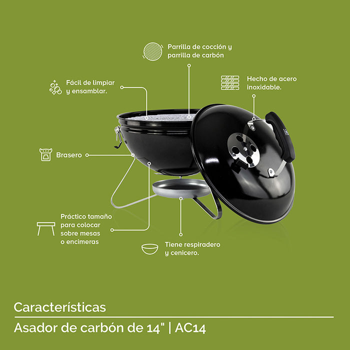 Partes del asador de carbón portátil: parrillas de cocción, respiradero, cenicero, brasero y soportes.