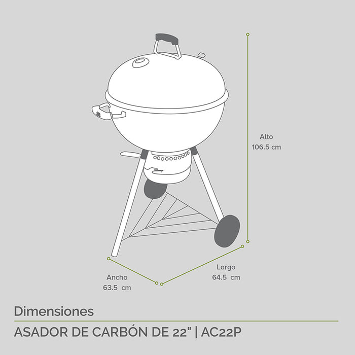Diagrama del asador de carbón de 22 pulgadas: alto 106.5cm, largo 64.5cm, ancho 63.5cm.