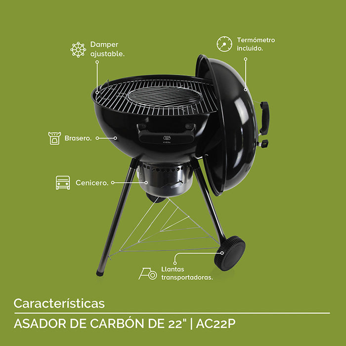 Partes del asador de 22 pulgadas: damper ajustable, termómetro incluido, brasero, cenicero, llantas transportadoras.