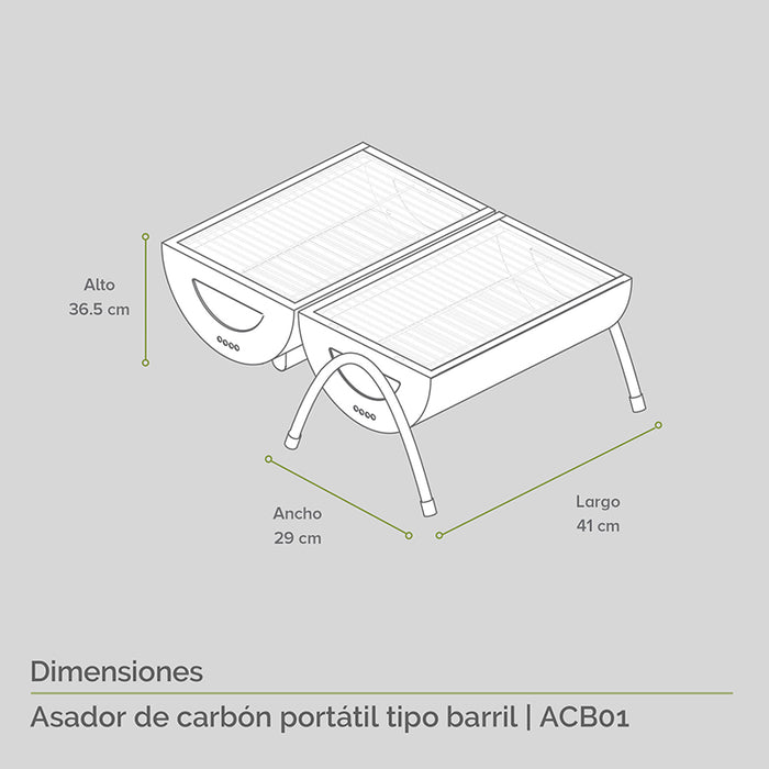Diagrama del asador de carbón portátil: alto 36.5cm, ancho 29cm, largo 41cm.