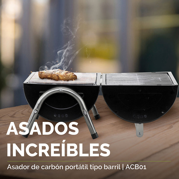 Asador de carbón abierto, se despliega para hacer 2 parrillas.