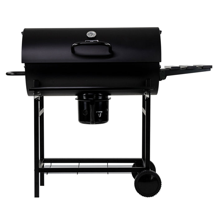 Asador de carbón tipo tambor con bandeja de cenizas removible, termómetro y mesa lateral
