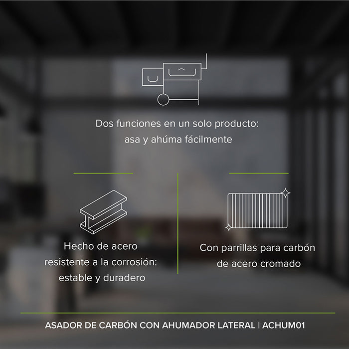 Asador de carbón 2 en 1 con ahumador lateral, chimenea y termómetro