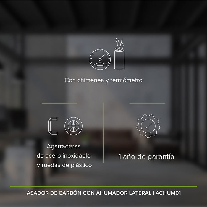 Asador de carbón 2 en 1 con ahumador lateral, chimenea y termómetro