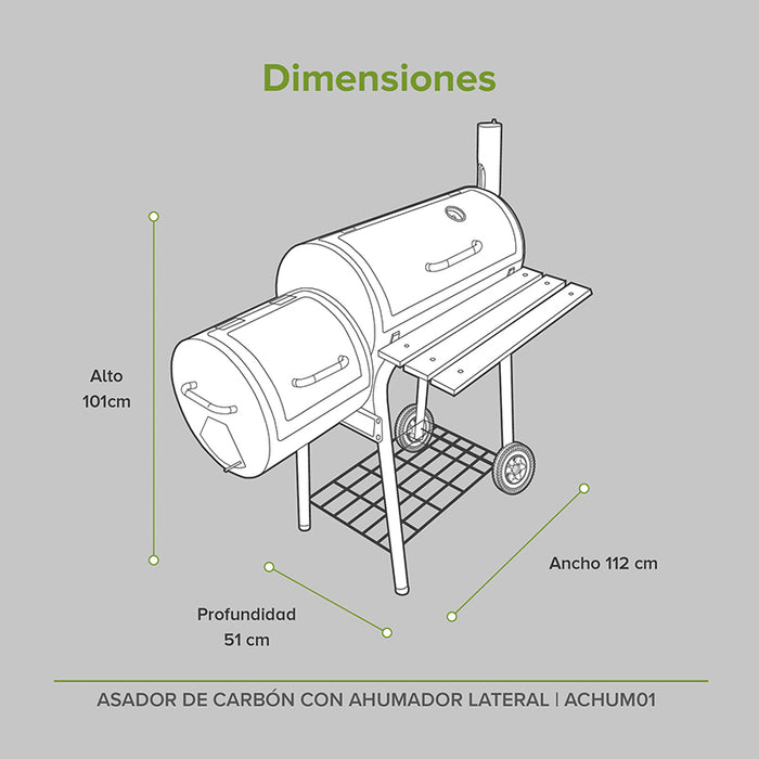 Diagrama de asador con ahumador: alto (101cm), profundidad (51cm), ancho (112cm).
