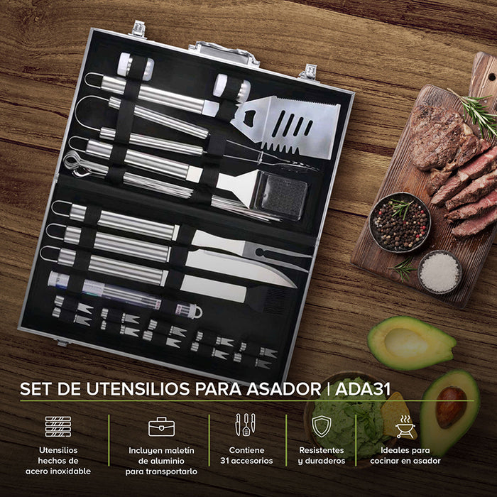 Kit de utensilios para asador de acero inoxidable - 31 piezas