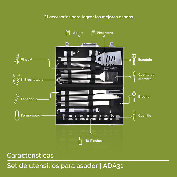 Kit de utensilios para asador de acero inoxidable - 31 piezas