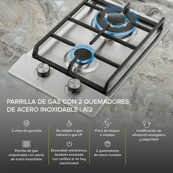 Parrilla de gas pequeña, es empotrable y el panel es de acero inoxidable, ideal para espacios reducidos.