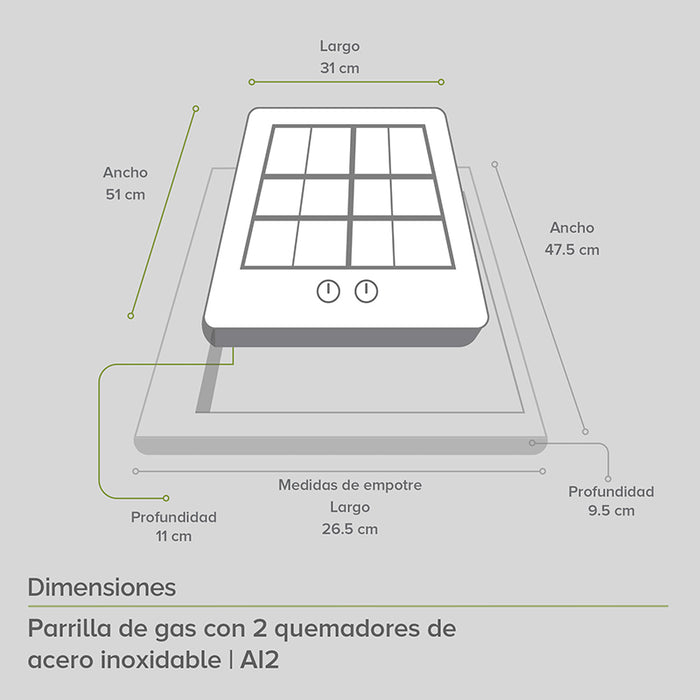 Dimensiones de la parrilla de gas de 2 quemadores: ancho 47.5cm, largo 31cm, profundidad 11cm.