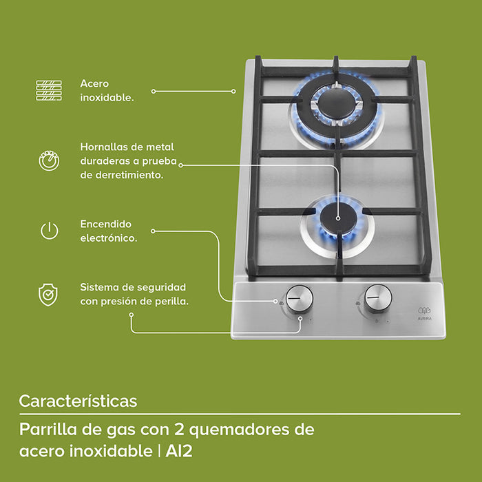 Parrilla de gas 2 quemadores: base de acero inoxidable, hornallas de metal, soportes de hierro y perillas con sistema de seguridad.