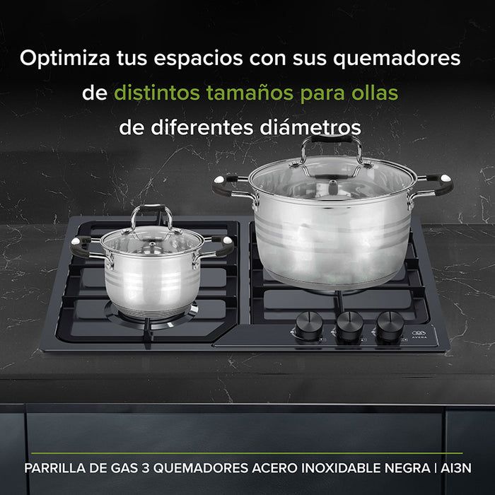 Estufa empotrable de gas de 5 quemadores con ollas encima de las hornallas