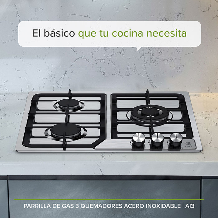 Parrilla de gas de acero inoxidable gris empotrable sobre mueble de cocina