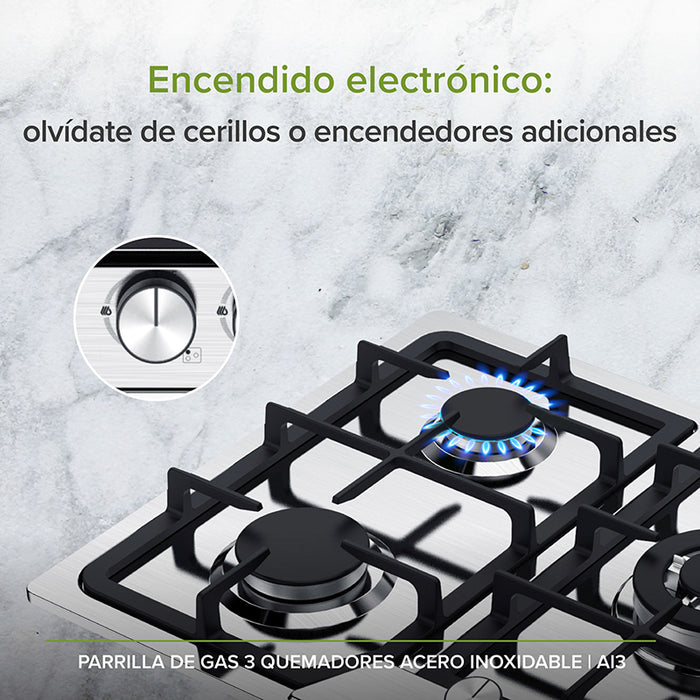 Quemadores de una parrilla de gas, soportes de hierro y perillas de encendido electrónico.