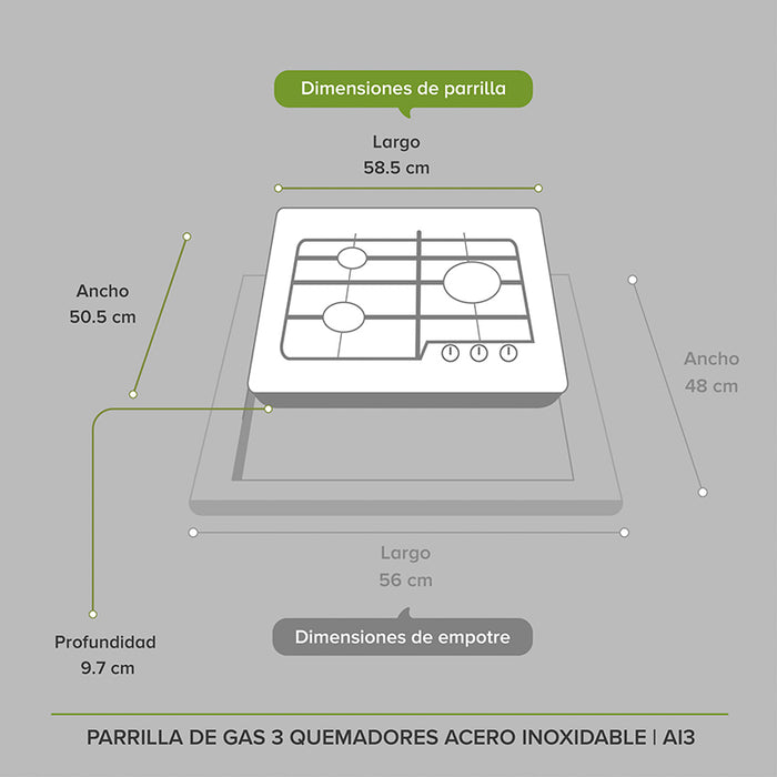 Dimensiones estufa empotrable de acero inoxidable: ancho 48cm, largo 58.5cm, profundidad 9.7cm.