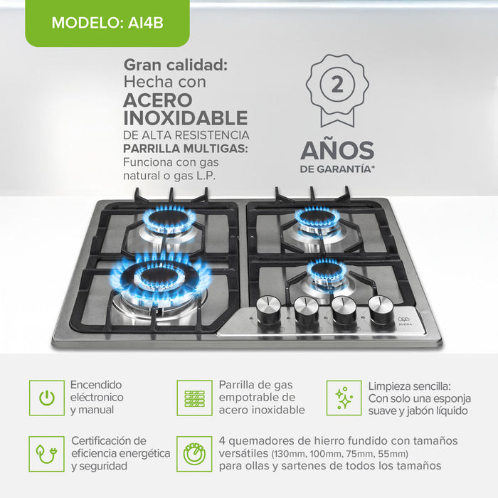Combo Parrilla de gas 4 quemadores 58 cm + Campana de pared 60 cm