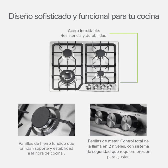 Combo Parrilla de gas 4 quemadores 58 cm + Campana de pared 60 cm