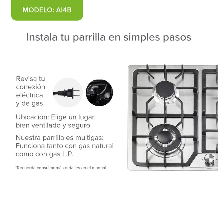 Combo Parrilla de gas 4 quemadores 58 cm + Campana de pared 60 cm