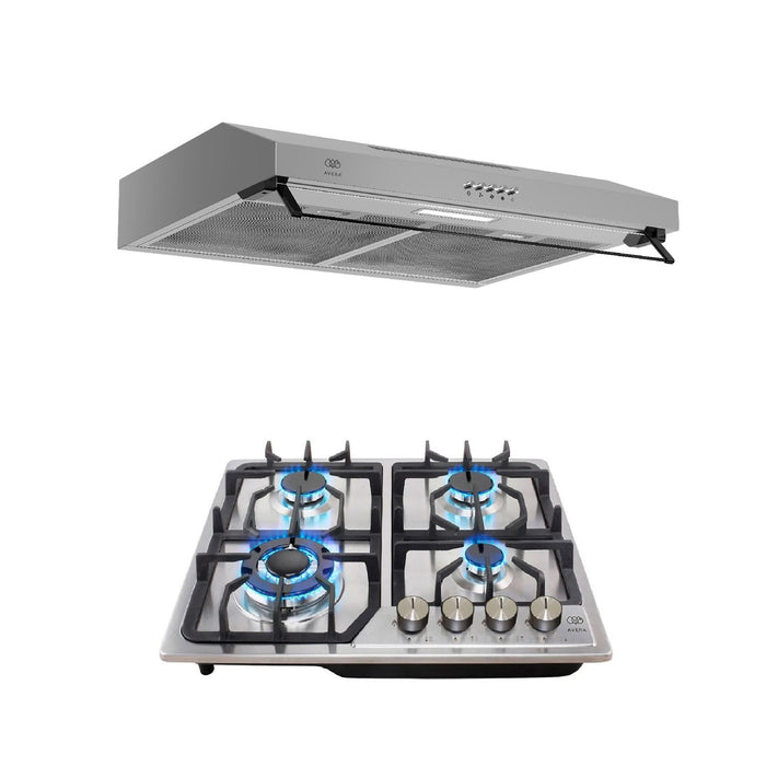 Combo Parrilla de gas 4 quemadores + Campana de pared de acero inoxidable 60 cm