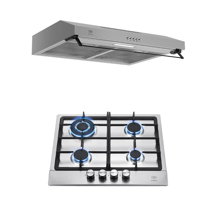 Combo Parrilla de gas 4 quemadores 58 cm perillas centrales + Campana de pared 60 cm