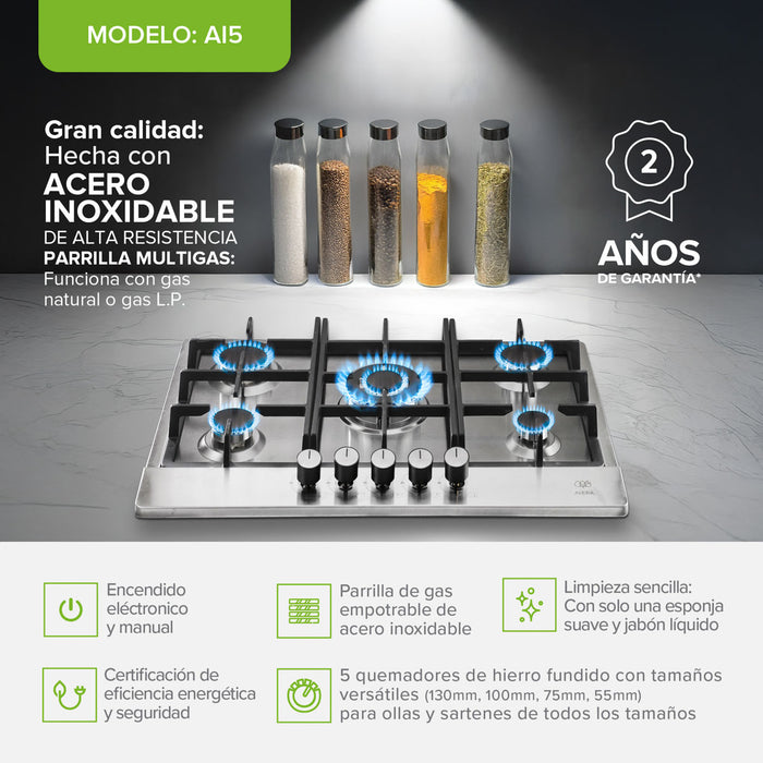 Parrilla de gas 5 quemadores 76 cm en acero inoxidable y quemador central