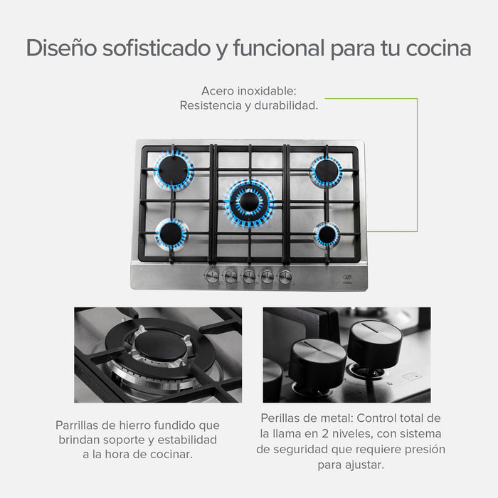 Parrilla de gas 5 quemadores 76 cm en acero inoxidable y quemador central