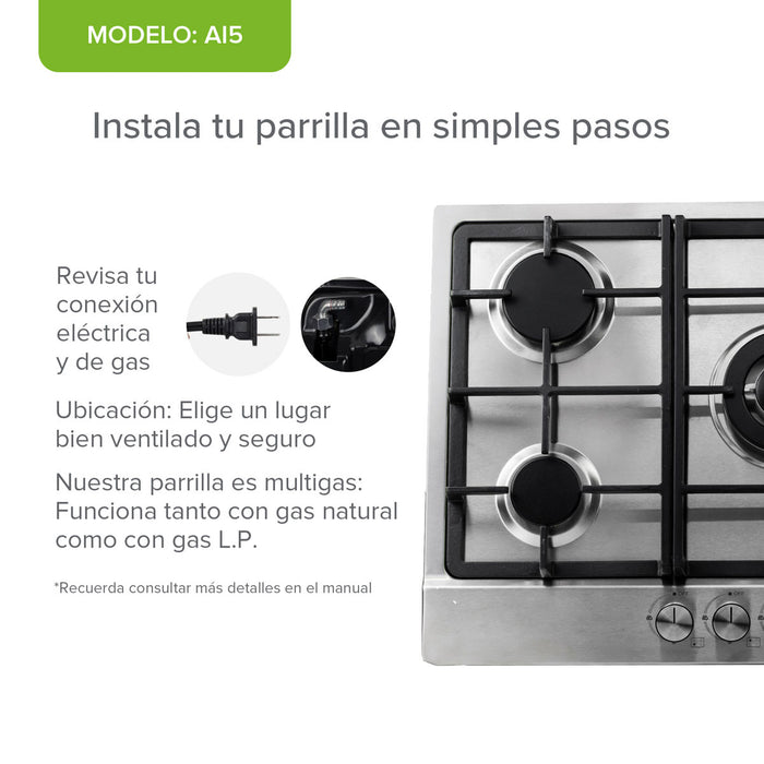 Parrilla de gas 5 quemadores 76 cm en acero inoxidable y quemador central