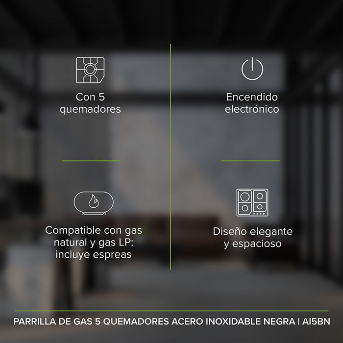 Características estufa empotrable: 5 quemadores, encendido electrónico, compatible con gas lp y gas natural.
