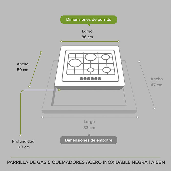 Medidas de estufa empotrable: largo 86cm, ancho 47cm, profundidad 9.7cm.