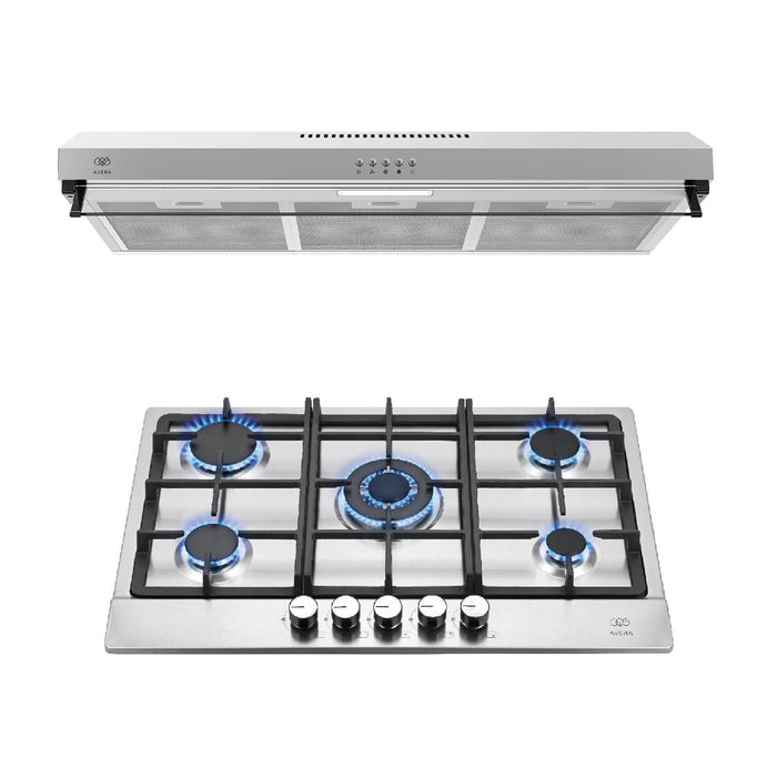 Combo Parrilla de gas 5 quemadores + Campana pared acero inoxidable 80 cm