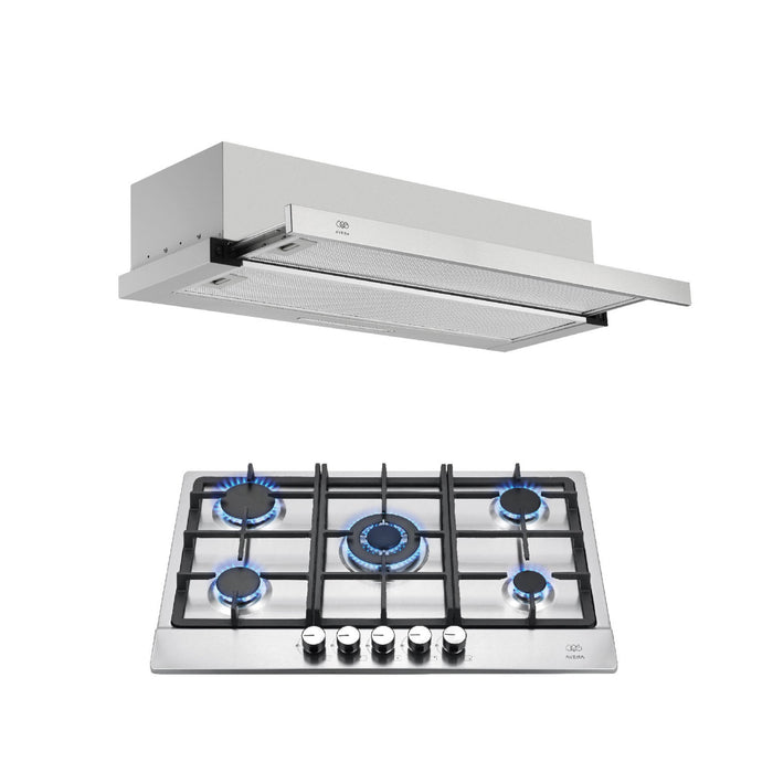 Combo Parrilla 5 quemadores 76 cm + Campana de cocina de pared extensible de 80 cm en acero inoxidable
