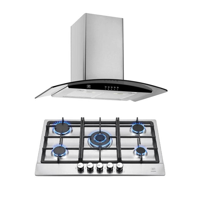 Combo Parrilla de gas 5 quemadores + Campana pared con cristal templado 76 cm
