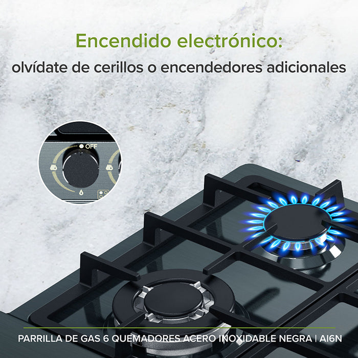 Quemador de parrilla de gas y perillas de encendido electrónico.