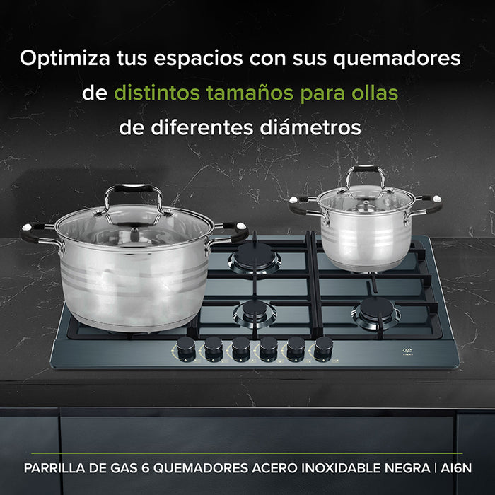 Parrilla de gas 6 quemadores con 2 ollas de acero inoxidable encima.