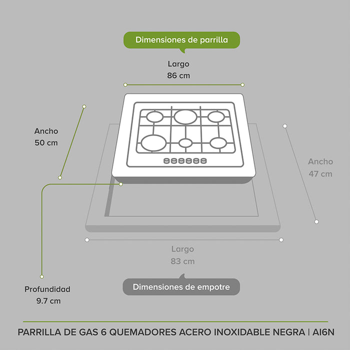 Dimensiones parrillas de gas: largo 86cm, ancho 47cm, profundidad 9.7cm.