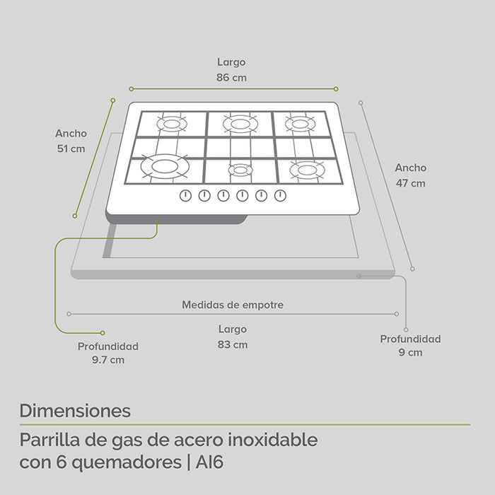 Medidas de parrilla empotrable de 6 quemadores: largo 86cm, ancho 47cm, profundidad 9.7cm