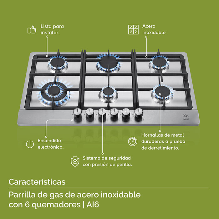 Características de la parrilla de gas de 6 quemadores: hecha de acero inoxidable, con soportes de hierro, quemadores de distintos tamaños, encendido electrónico y sistema de seguridad.