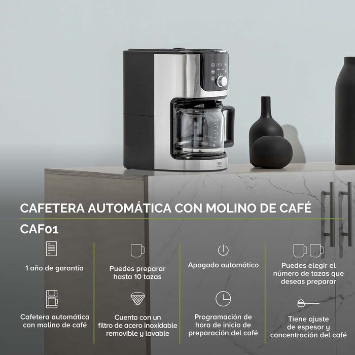 Características cafetera con molino: prepara hasta 10 tazas, apagado automático, filtro removible, ajuste de espesor y concentración del café.