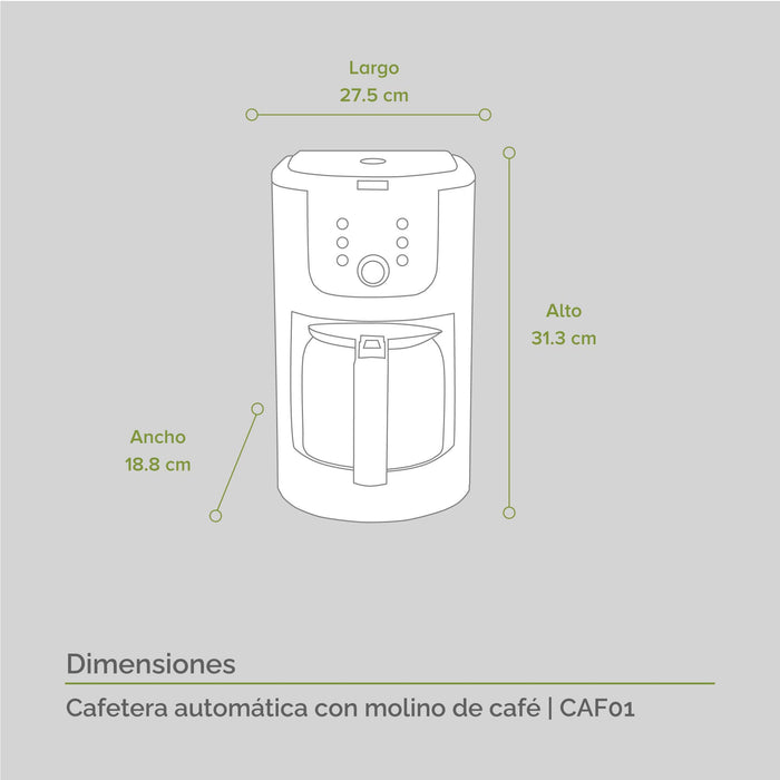 Medidas cafetera con molino: alto 31.3cm, largo 27.5cm, ancho 18.8cm.