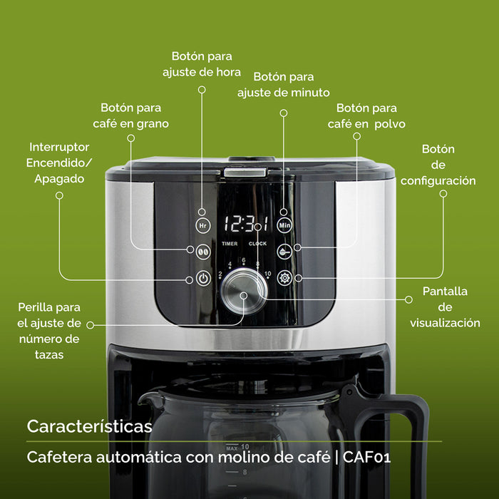 Controles de la cafetera con molino: perilla para ajuste de número de tazas, interruptor, botón para café en grano, botón para ajuste de hora, botón para ajuste de minuto, botón para café en polvo, botón de configuración, pantalla de visualización.