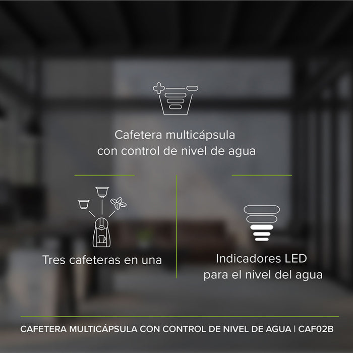 Características de la cafetera multicápsula: control de nivel de agua, indicadores LED, cafetera 3 en 1.