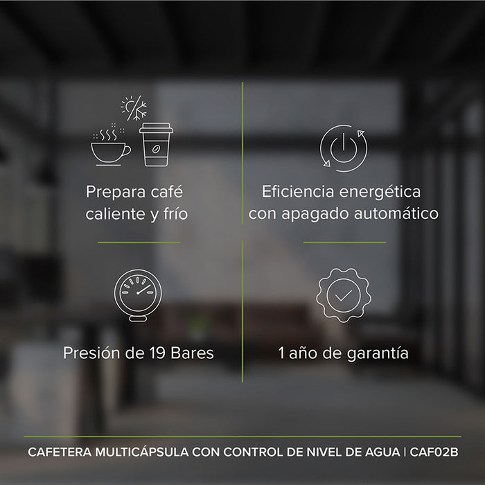 Cafetera multicápsula: prepara café caliente y frío, apagado automático, presión de 19 bares, 1 año de garantía.
