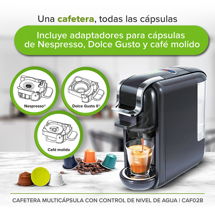 Cafetera multicápsula con una taza de café y cápsulas de café