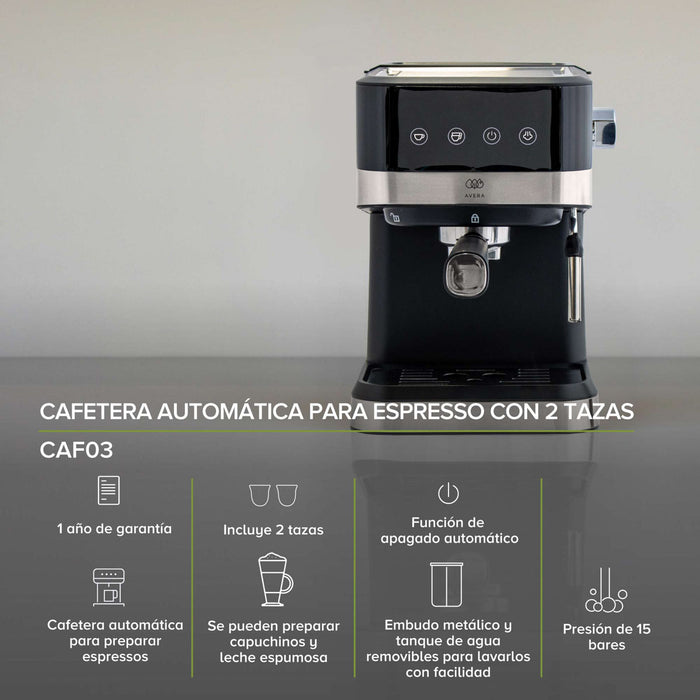 Características de la cafetera para espressos y capuchinos: apagado automático,, incluye 2 tazas, prepara capuchinos y leche espumosa, embudo metálico y tanque de agua removibles.