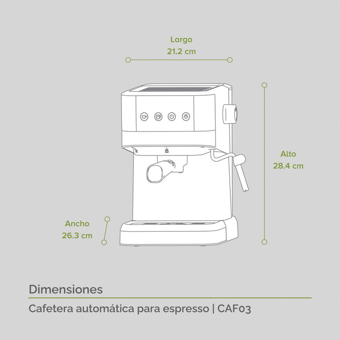 Medidas cafetera para espressos y capuchino: alto 28.4cm, largo 21.2cm, ancho 26.3cm