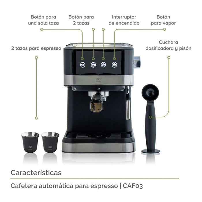 Partes de la cafetera 2 en 1 para espressos y capuchinos: botón para 1 taza, botón para 2 tazas, interruptor de encendido, botón para vapor, cuchara dosificadora y pisón, incluye 2 tazas.