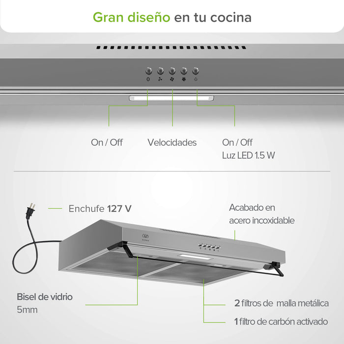 Combo Parrilla de gas 4 quemadores 58 cm + Campana de pared 60 cm
