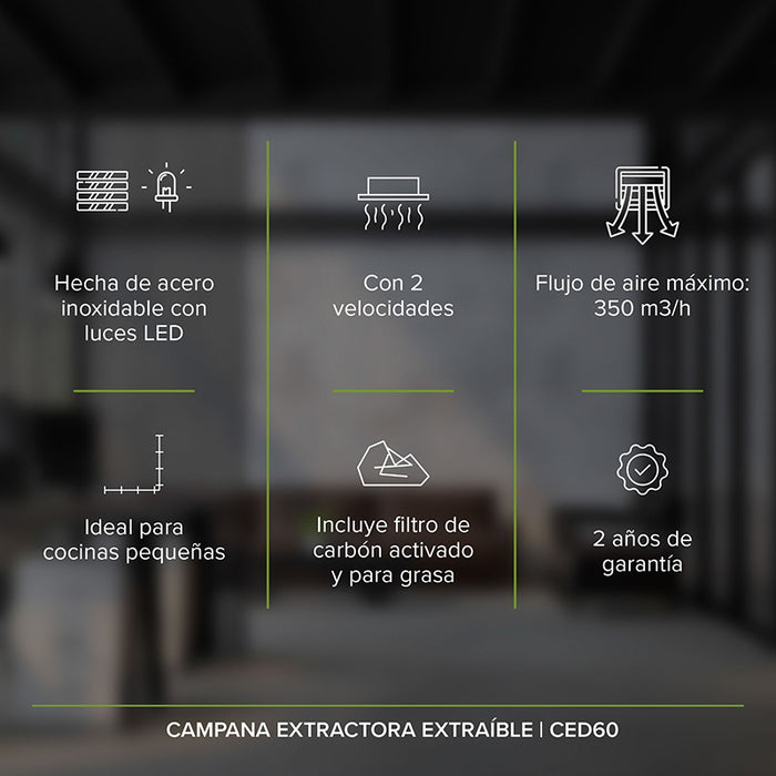 Características campana extractora deslizable: 2 velocidades, con filtro de carbón activado y filtro para grasa.
