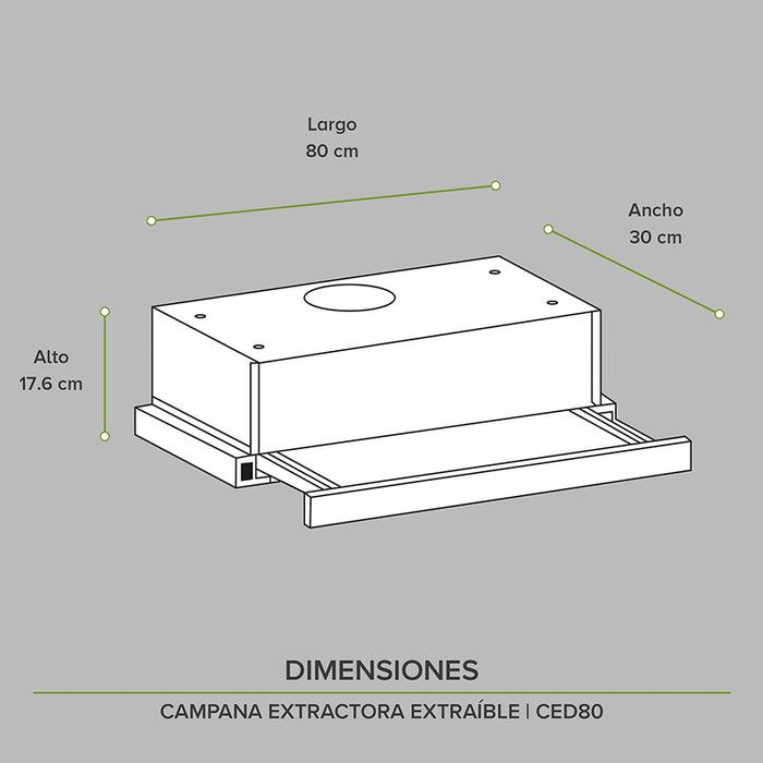 Medidas de la campana de cocina deslizable: largo 80cm, ancho 30cm, alto 17.6cm.