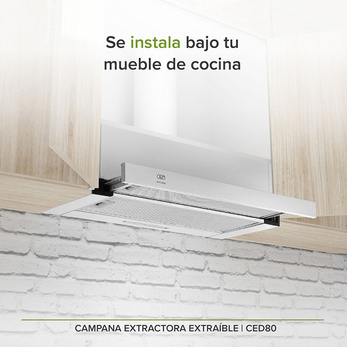 Campana para estufa o parrilla deslizable empotrada sobre gabinete de una cocina integral.